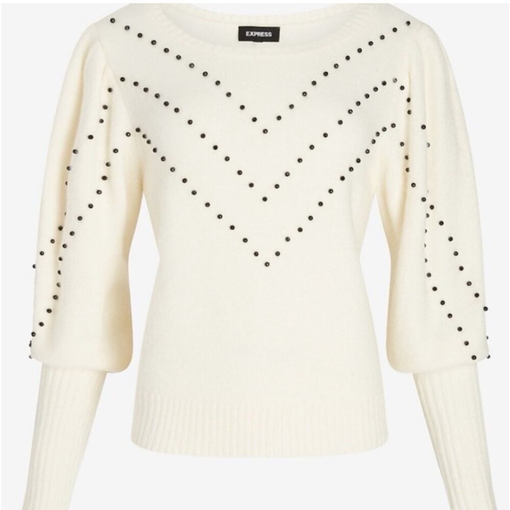 Express Beaded Sweater Puff Sleeve White Cream Sequin Embroidered V Size XL EUC